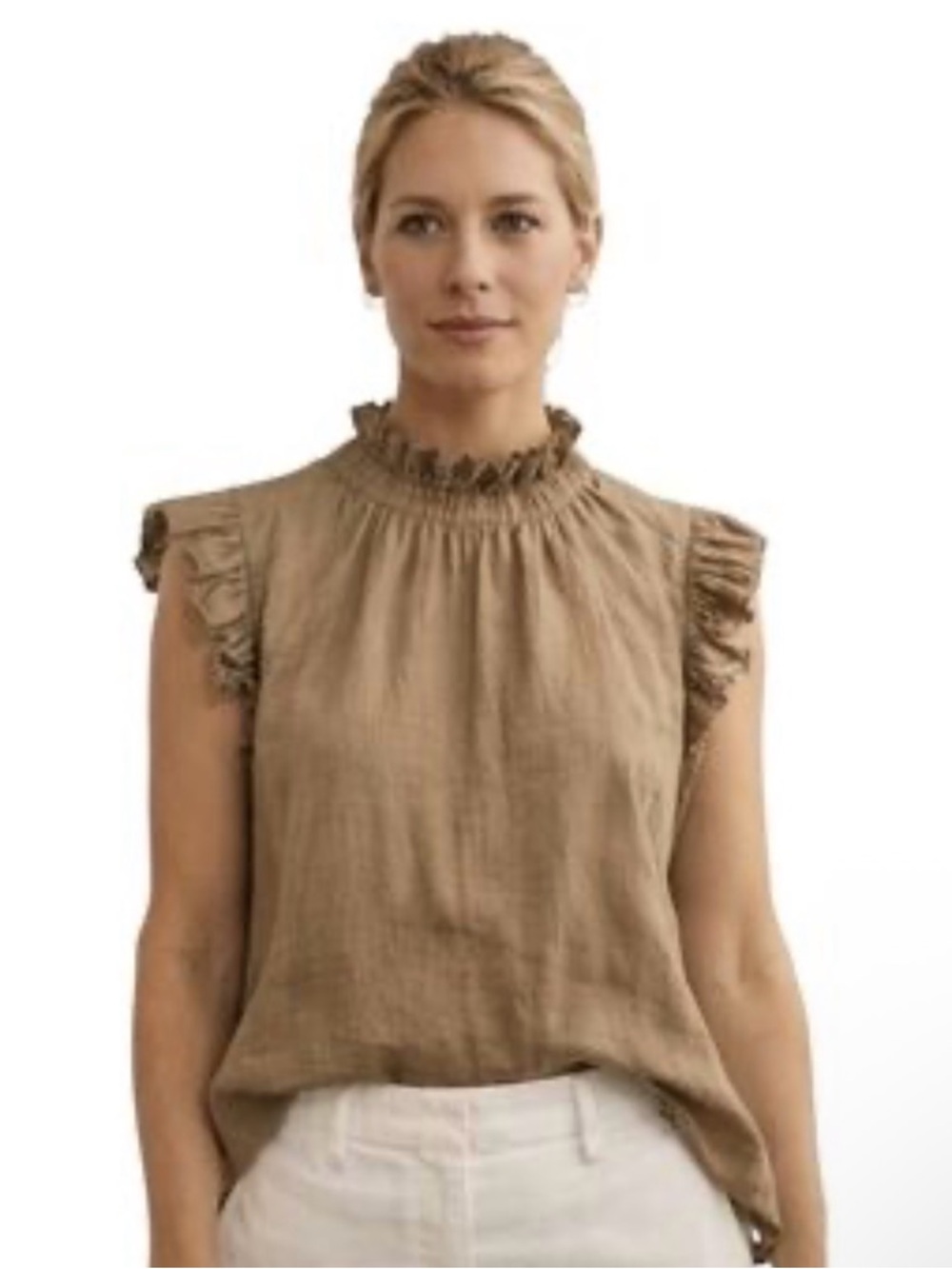 Sea New York Tan Ruffle-Neck Sleeveless Linen-Blend Top